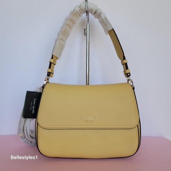 KATE SPADE Hudson Pebbled Leather Medium Flap Convertible Shoulder Bag- Mullein⭐ - Picture 4 of 16